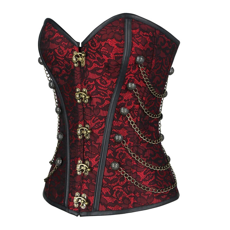 Charmian كورسيه نسائي ستيمبانك قوطية عتيقة مزخرف بعظام فولاذية بدون حمالات مع سلاسل أحمر متوسط - Image 2